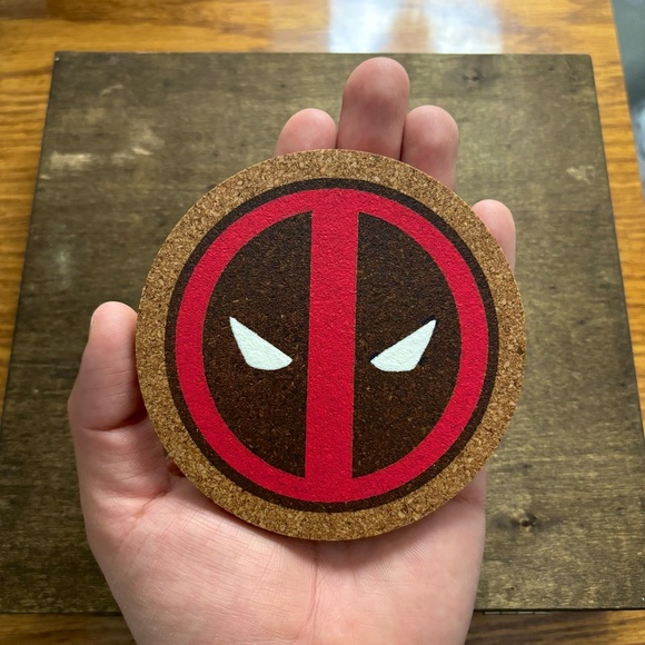 Deadpool Logo Laser Engraved Painted Cork Coaster - Picture 3 of 5